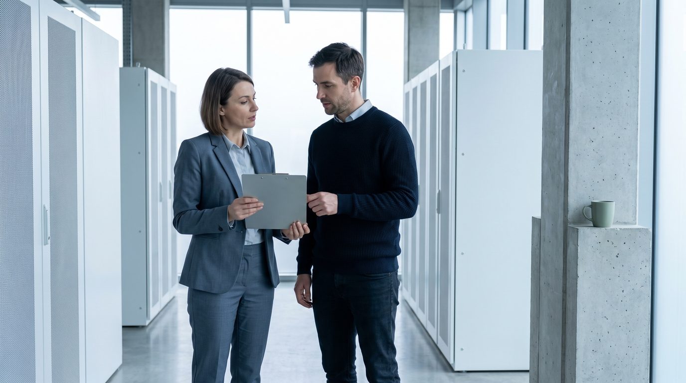 An operations director and an engineer reviewing a printed plan in a server room corridor