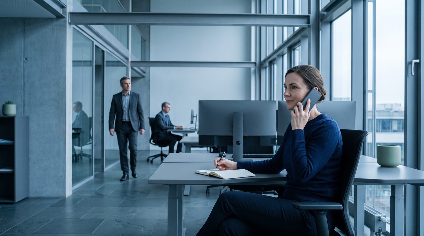 A woman working at a laptop beside a window in a glass office