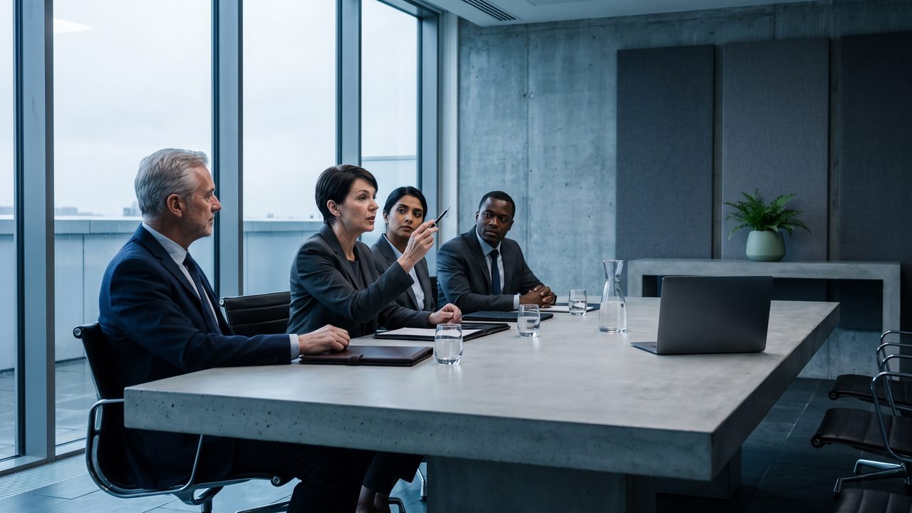 Board directors asking questions along a boardroom table