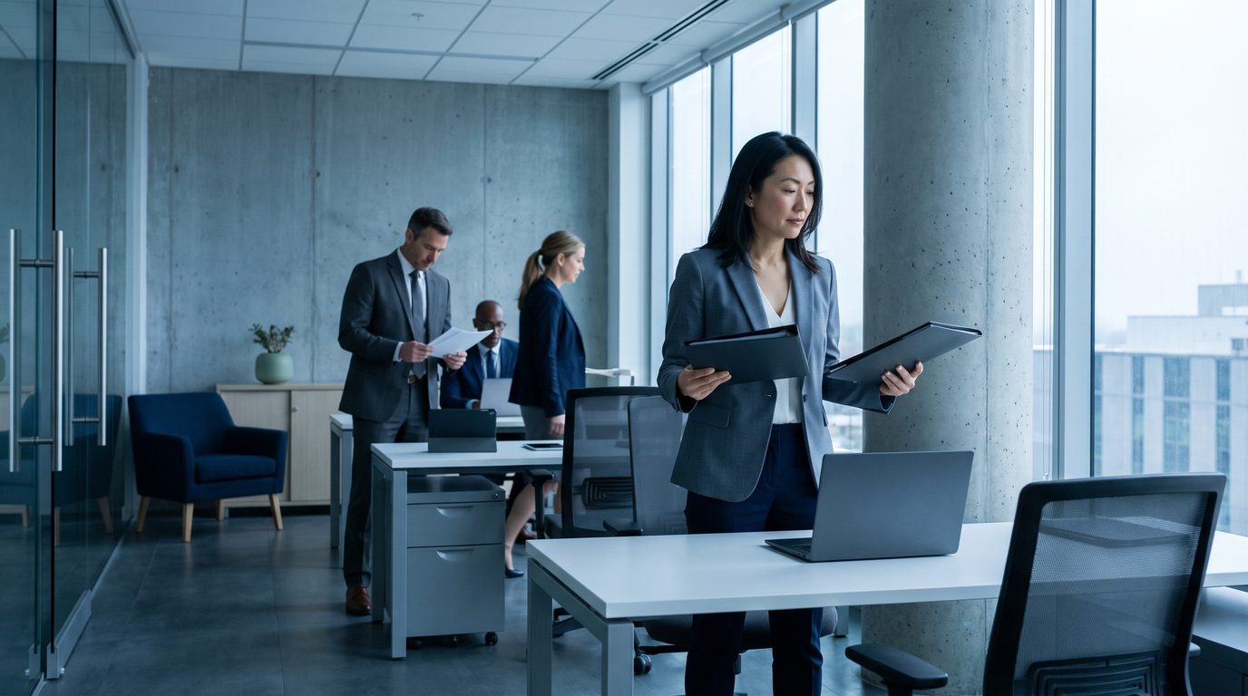 A procurement lead comparing two vendor folders at her desk