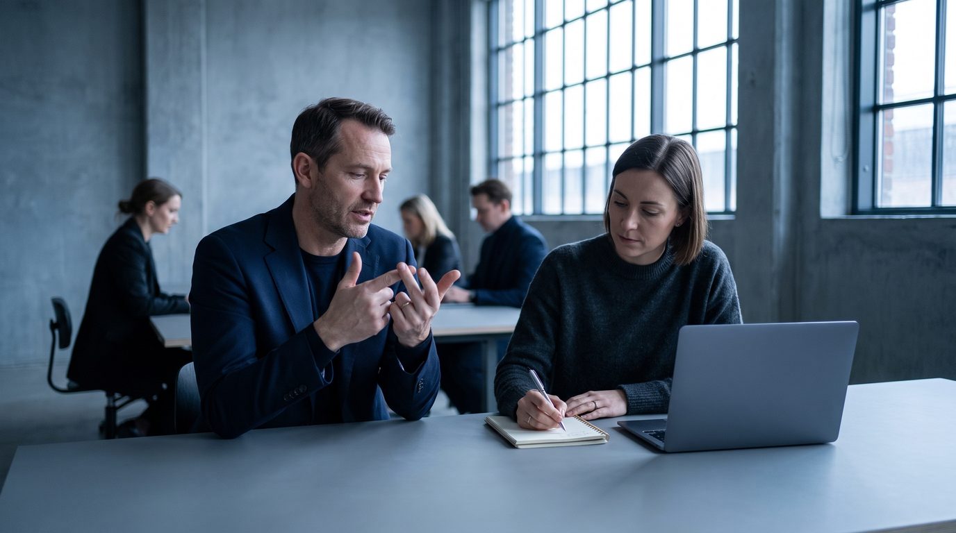 Two colleagues writing down what success looks like in a notebook