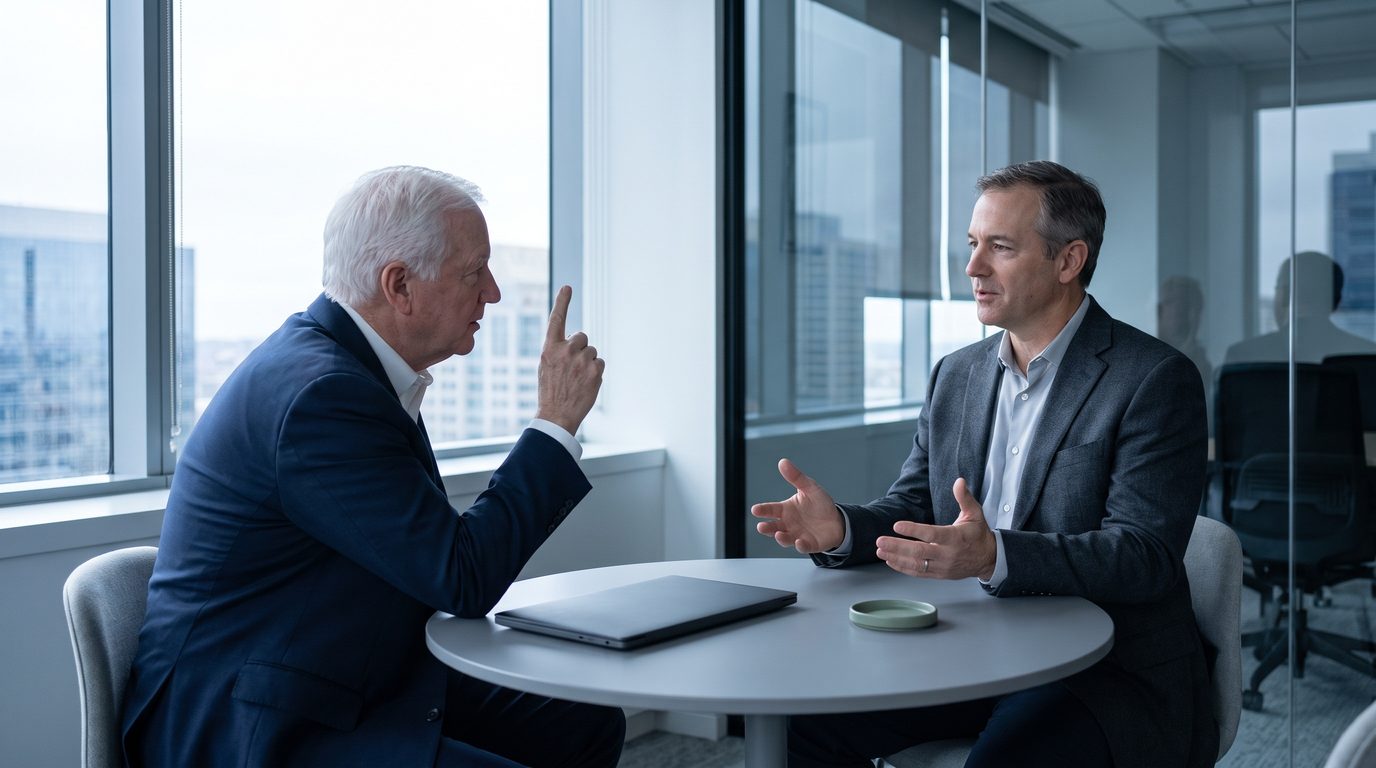 An engineer and a company president talking across a small meeting table