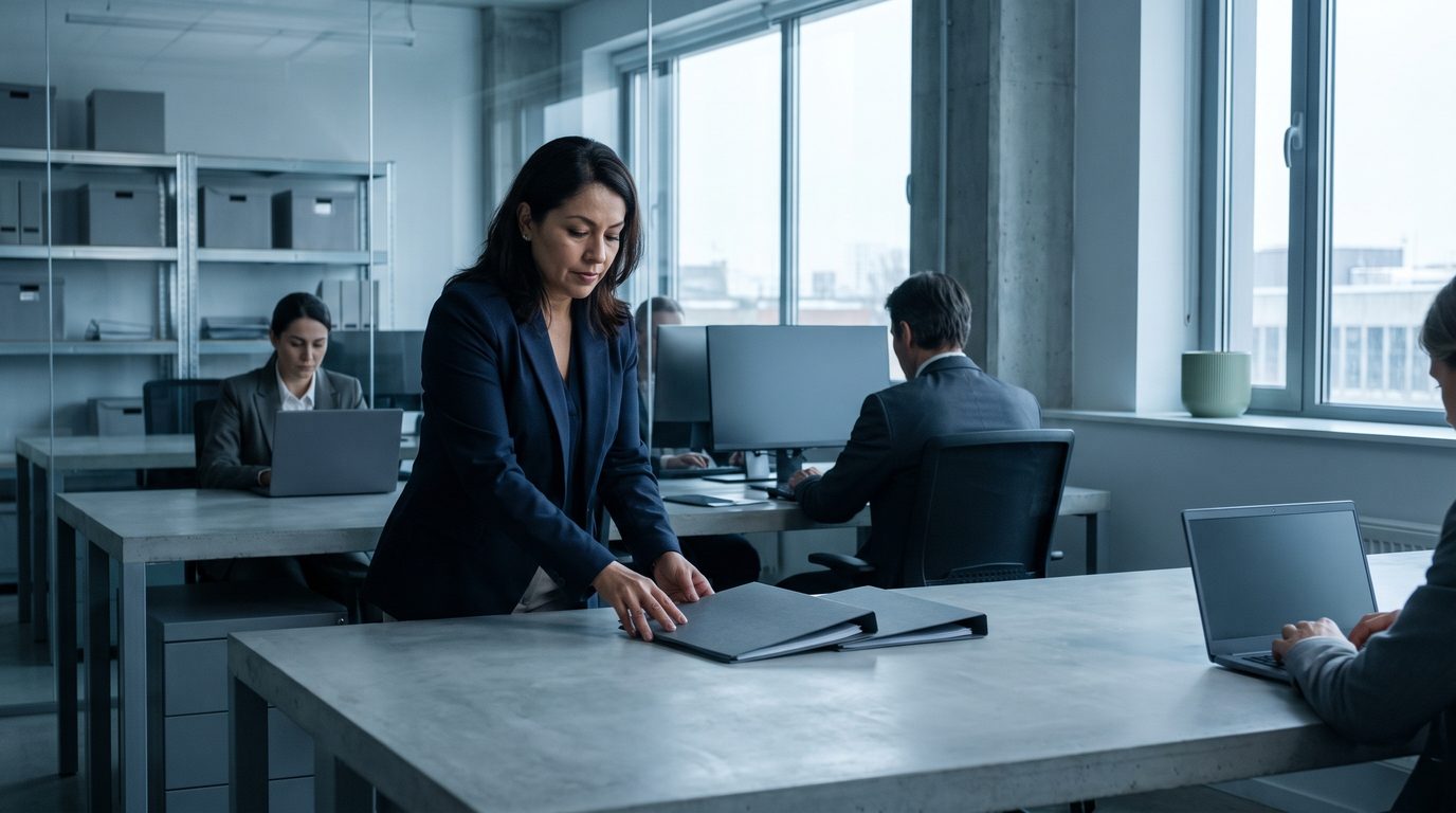 An operations executive choosing between three printed work orders at an office table