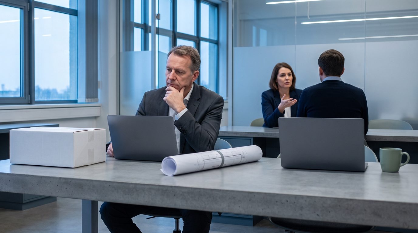 A manager on the phone beside a laptop while colleagues meet behind him