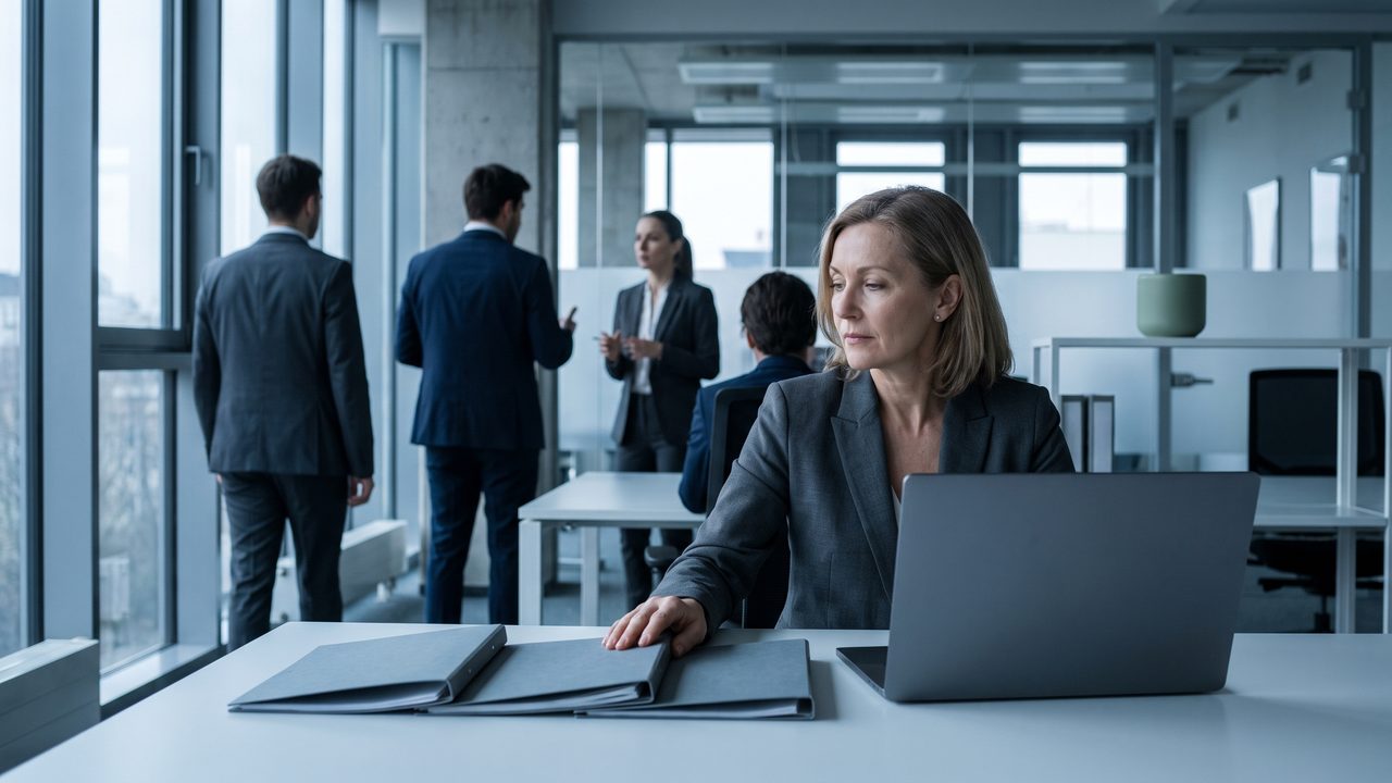 A service company owner weighing three folders at her desk