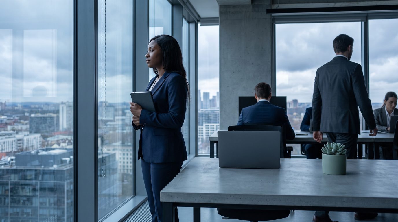 A new chief operating officer standing at her office window on a grey morning