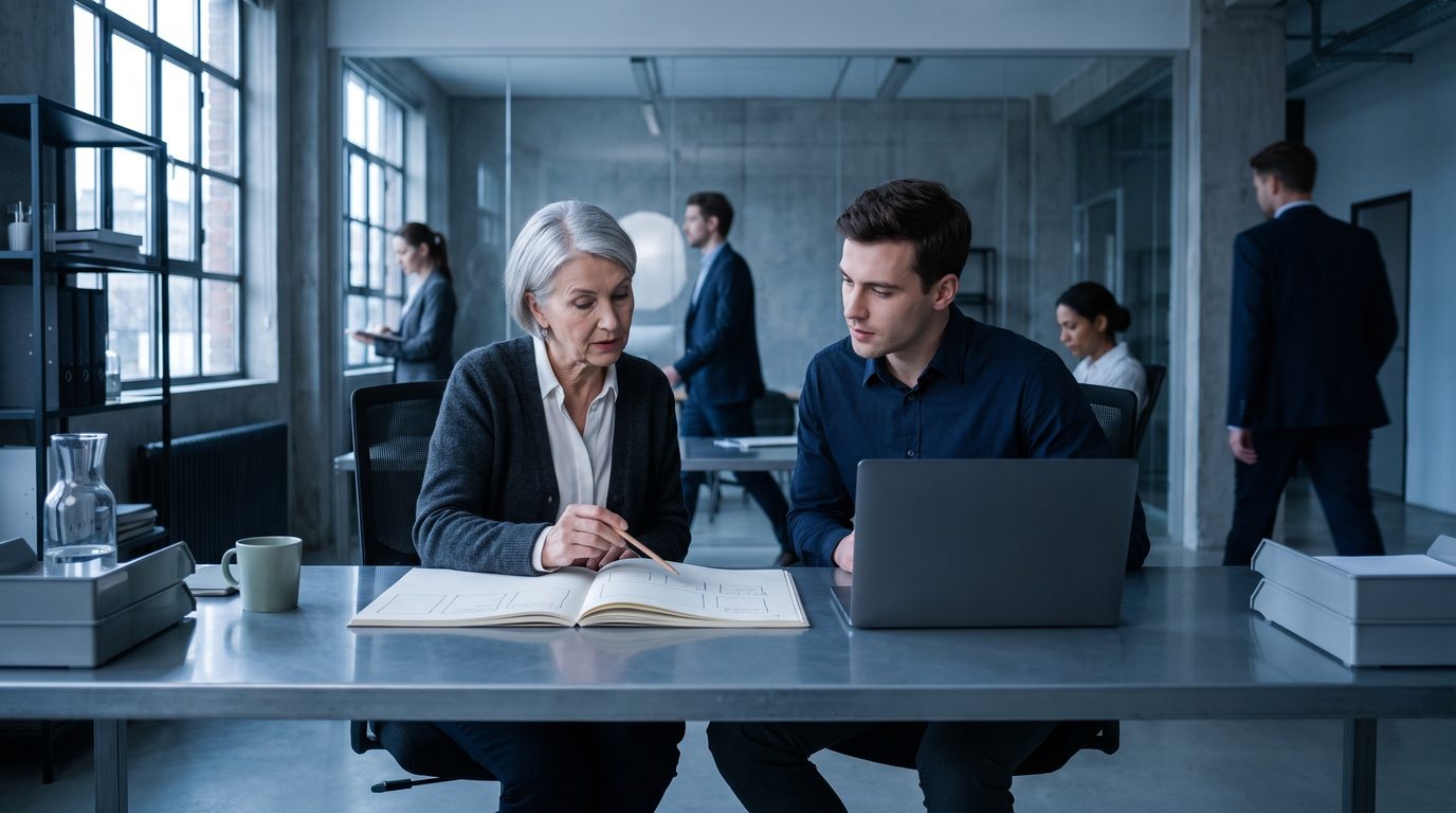 A senior engineer mentoring a junior engineer at a desk