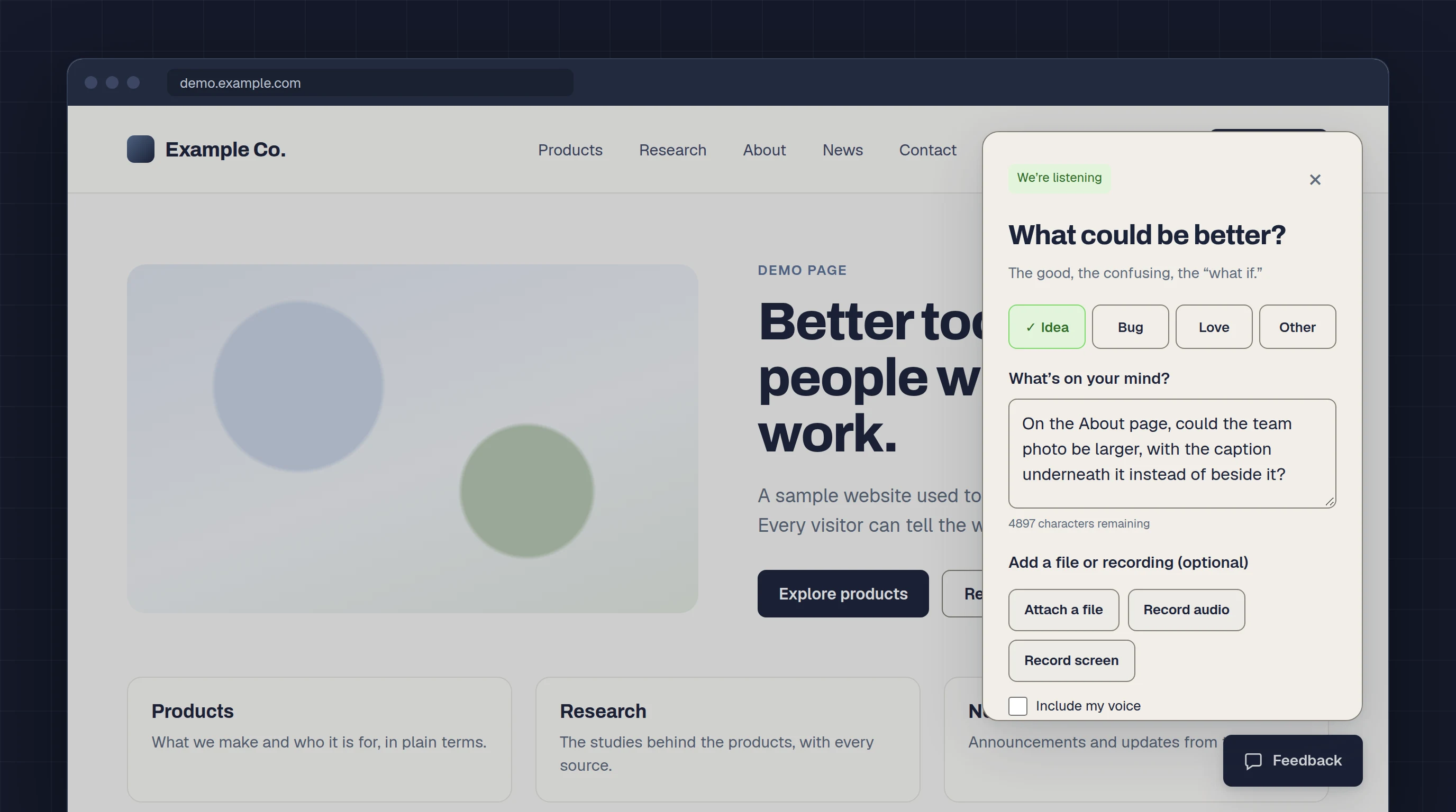 Screenshot of the GreatFeedback.ai feedback panel open on a generic demo website, with a request typed in asking for a larger team photo on the About page