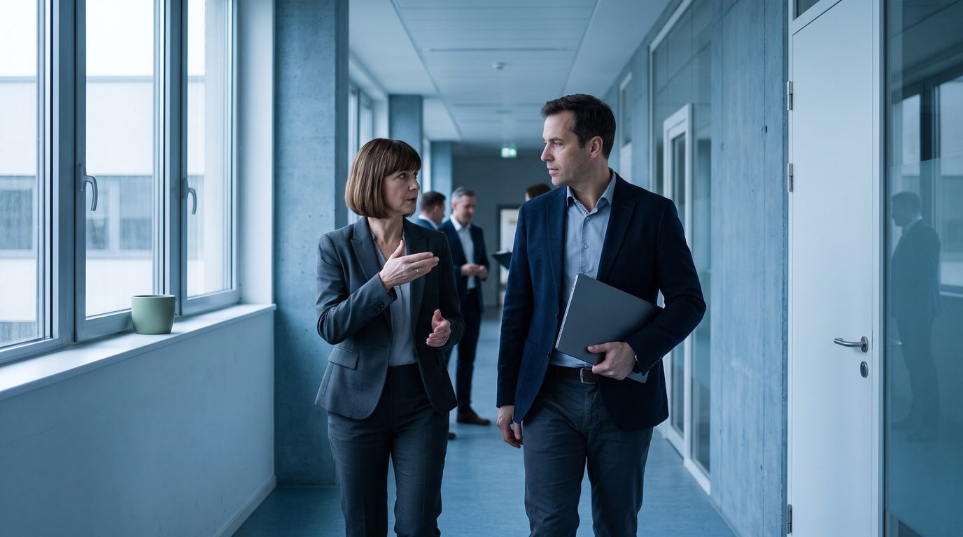 Two colleagues compare notes while walking along a glass-walled corridor between offices