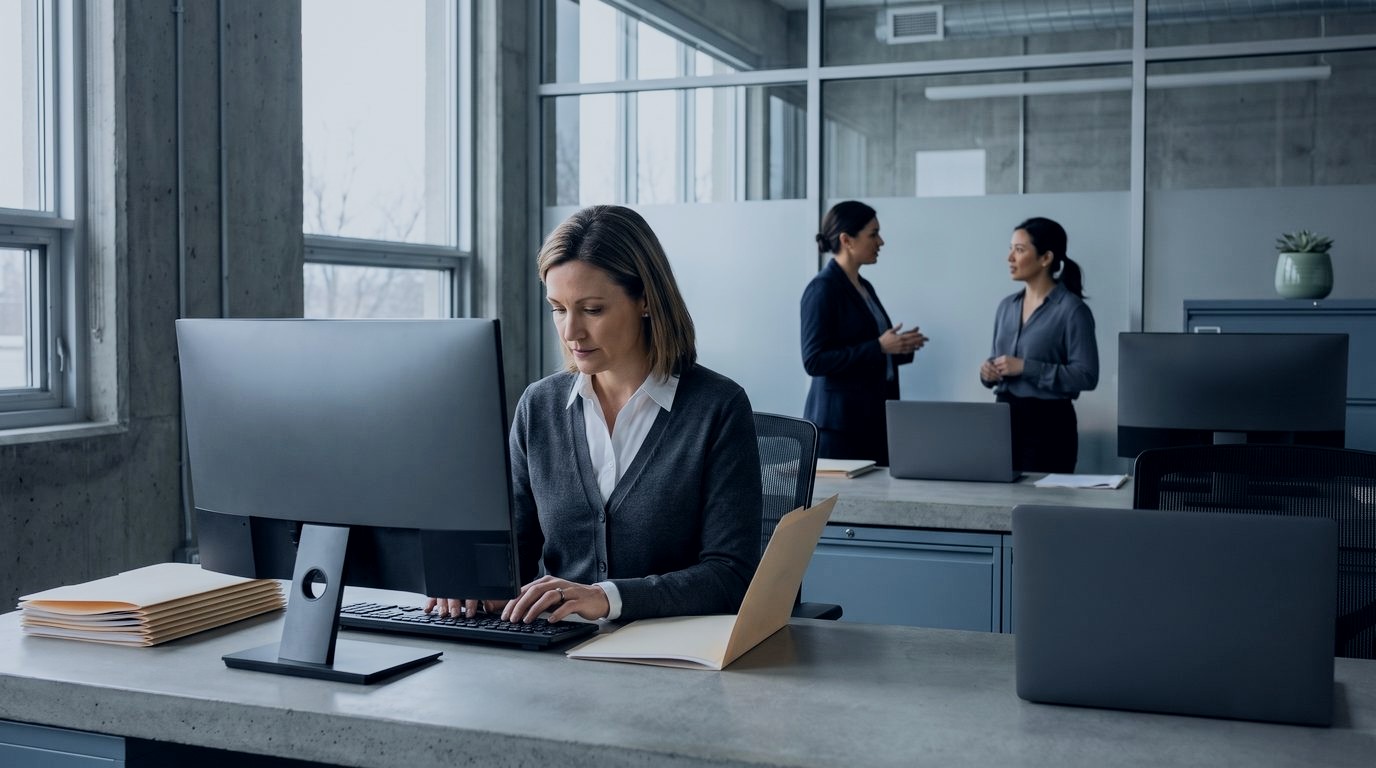 A medical billing specialist working through claim folders at her desk