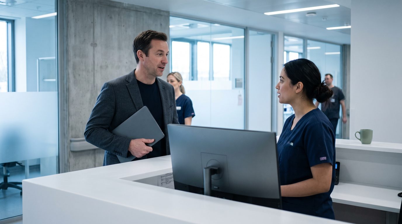 Two healthcare professionals comparing a document beside an open laptop
