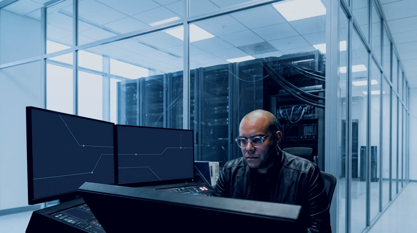 Omar Trejo checks what the record shows at two monitors in a glass-walled room beside the servers