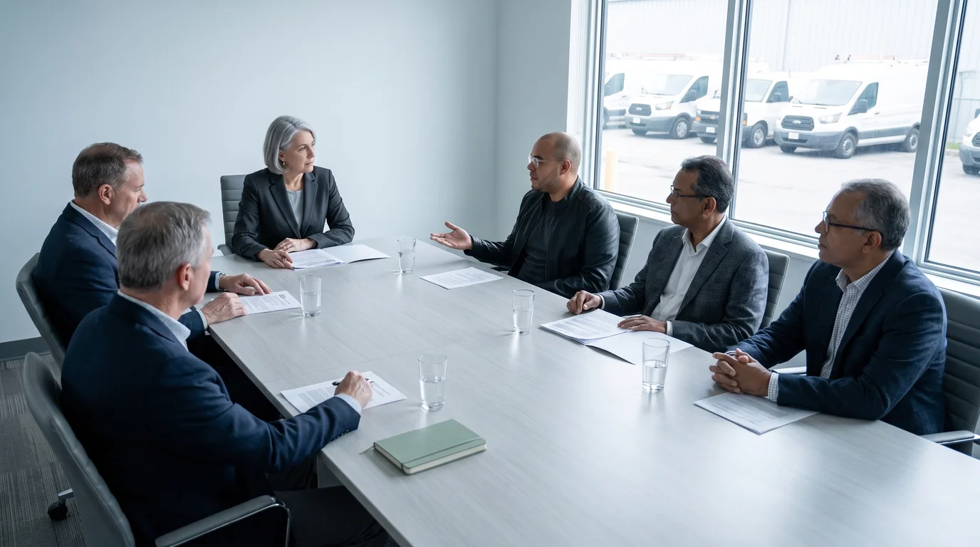 Omar Trejo answers the chair's question at a service company's board table, vans parked outside