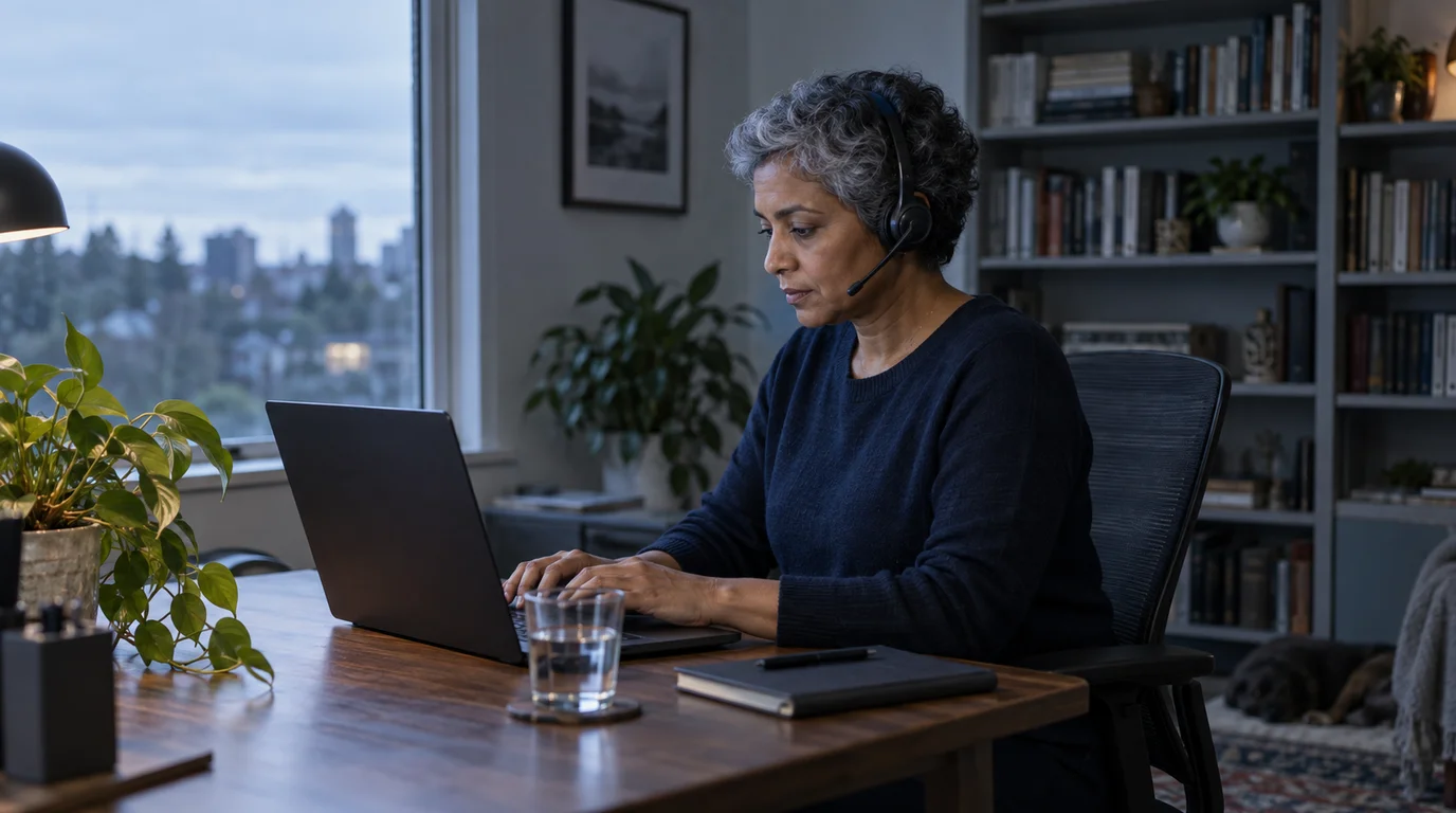 A data engineer on a headset works at her laptop in a home office above the city