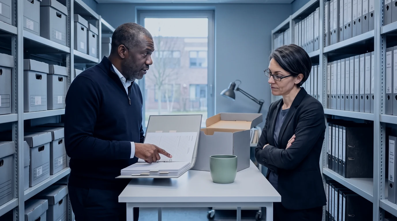 Robert, the operations executive, shows Reid, the host, a page of a handover runbook in a records room