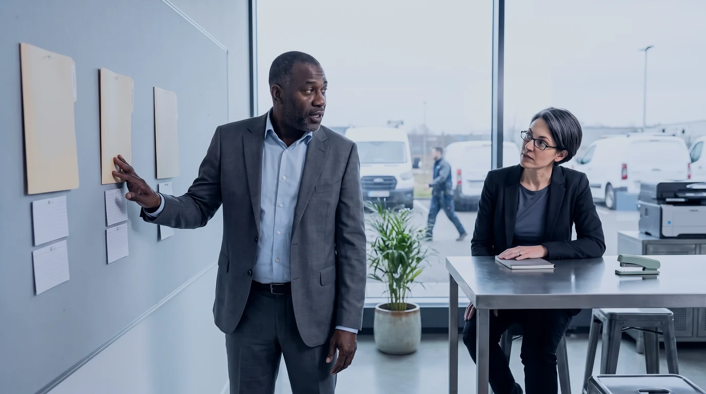 Robert, the operations executive, points to one of three job folders on a planning board while Reid, the host, asks
