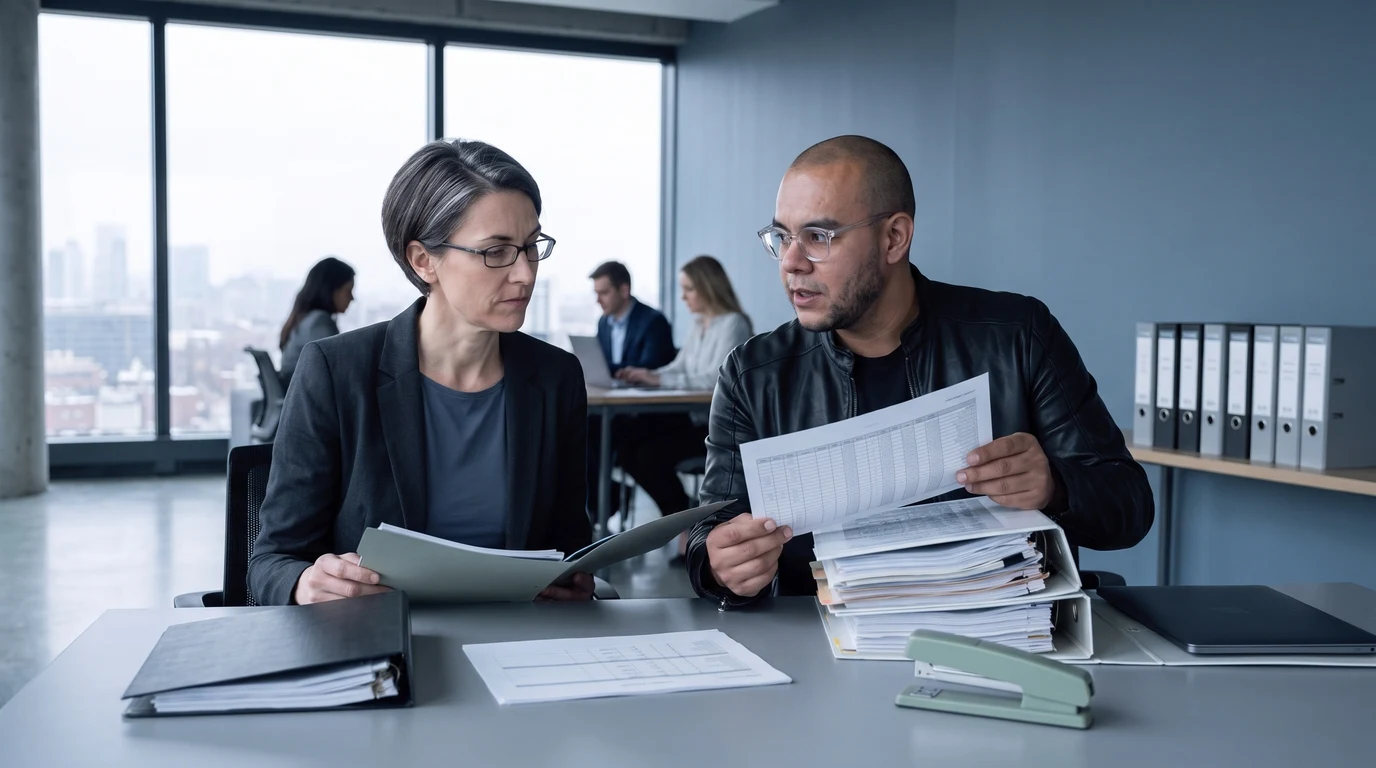 Reid, the host, reads a handover folder as a new finance chief while Omar Trejo holds out a spreadsheet from the stack beside her