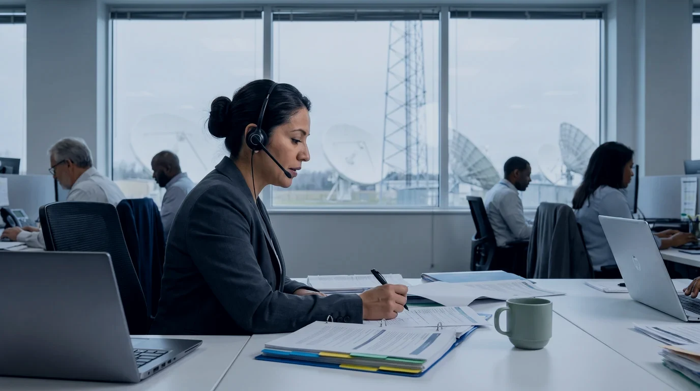 Roaming manager on a headset call marks partner agreements, satellite dishes outside