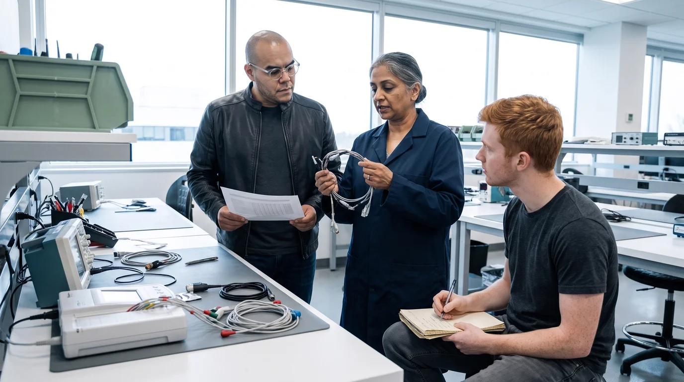 Omar Trejo listens as a senior engineer explains an ECG cable while a junior engineer takes notes in a device lab
