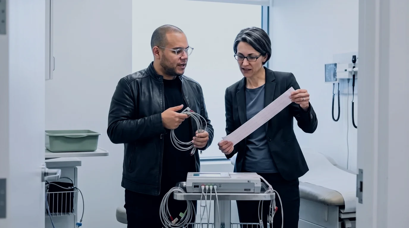Reid holds a printed ECG strip while Omar Trejo explains the lead cables beside an ECG cart in a cardiology exam room