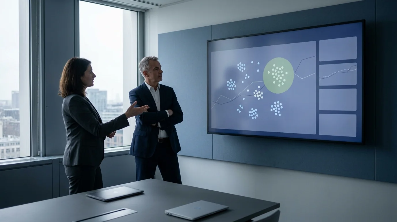 A head of data walks an operations vice president through a sample of records plotted on a wall screen