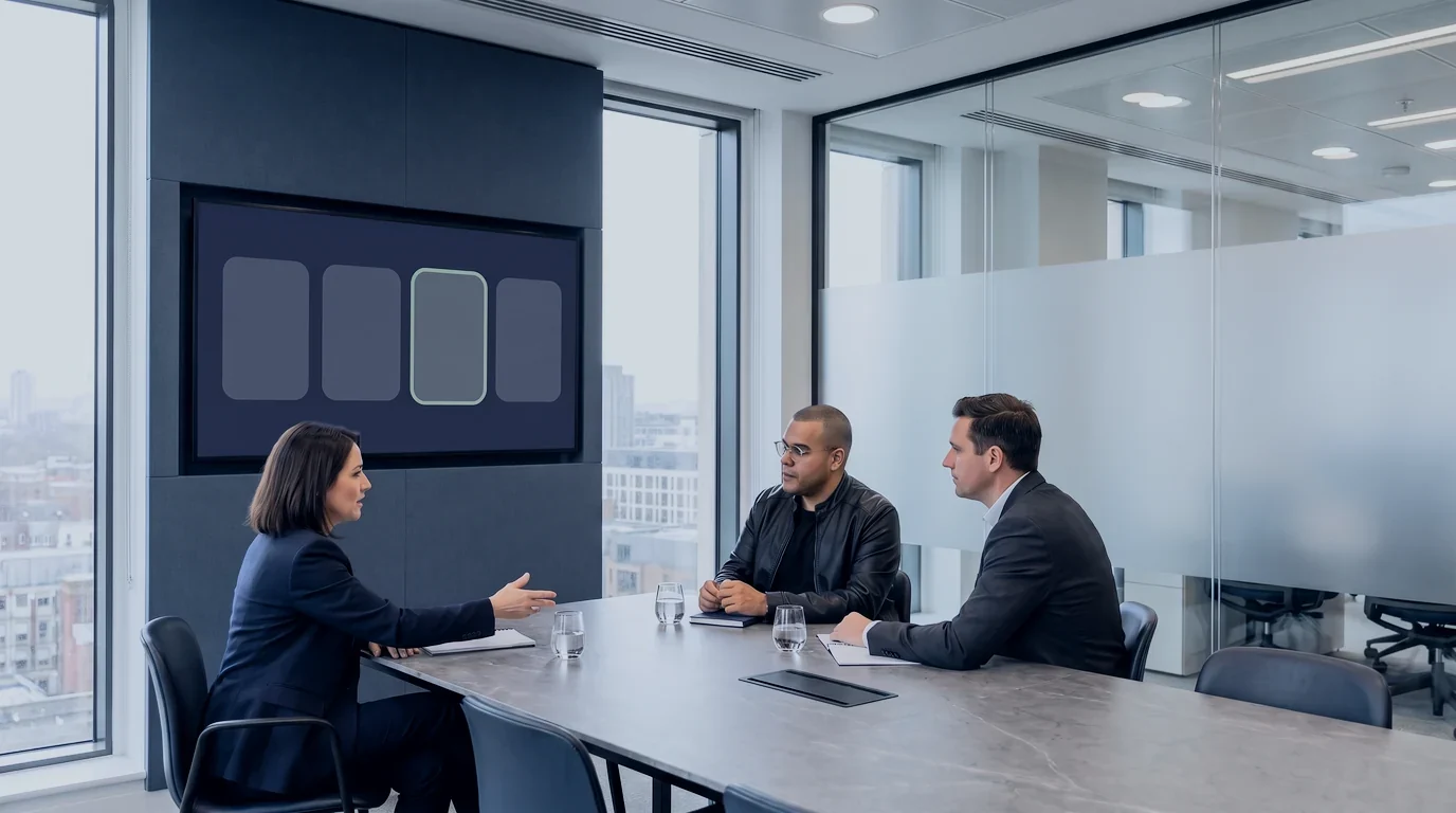 A finance director points out one of four shortlisted workflows on a wall display while Omar Trejo and an operations executive listen