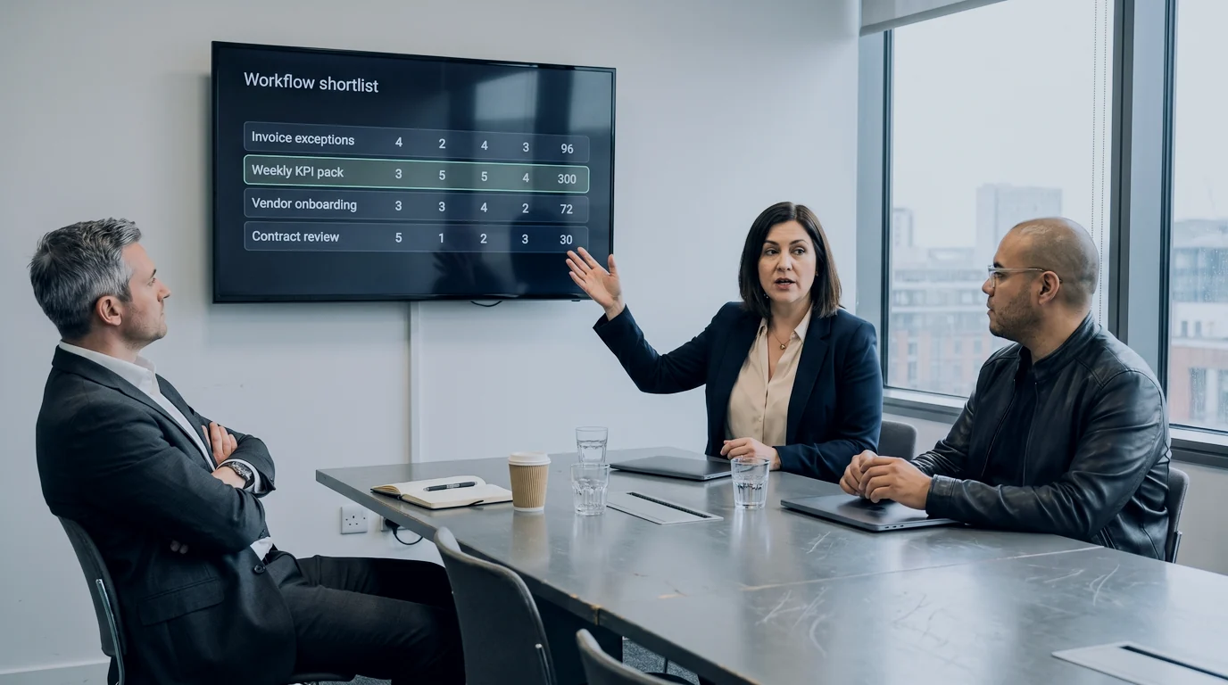A finance director talks through four shortlisted workflows, each scored on four tests on a wall screen, while Omar Trejo and an operations executive listen