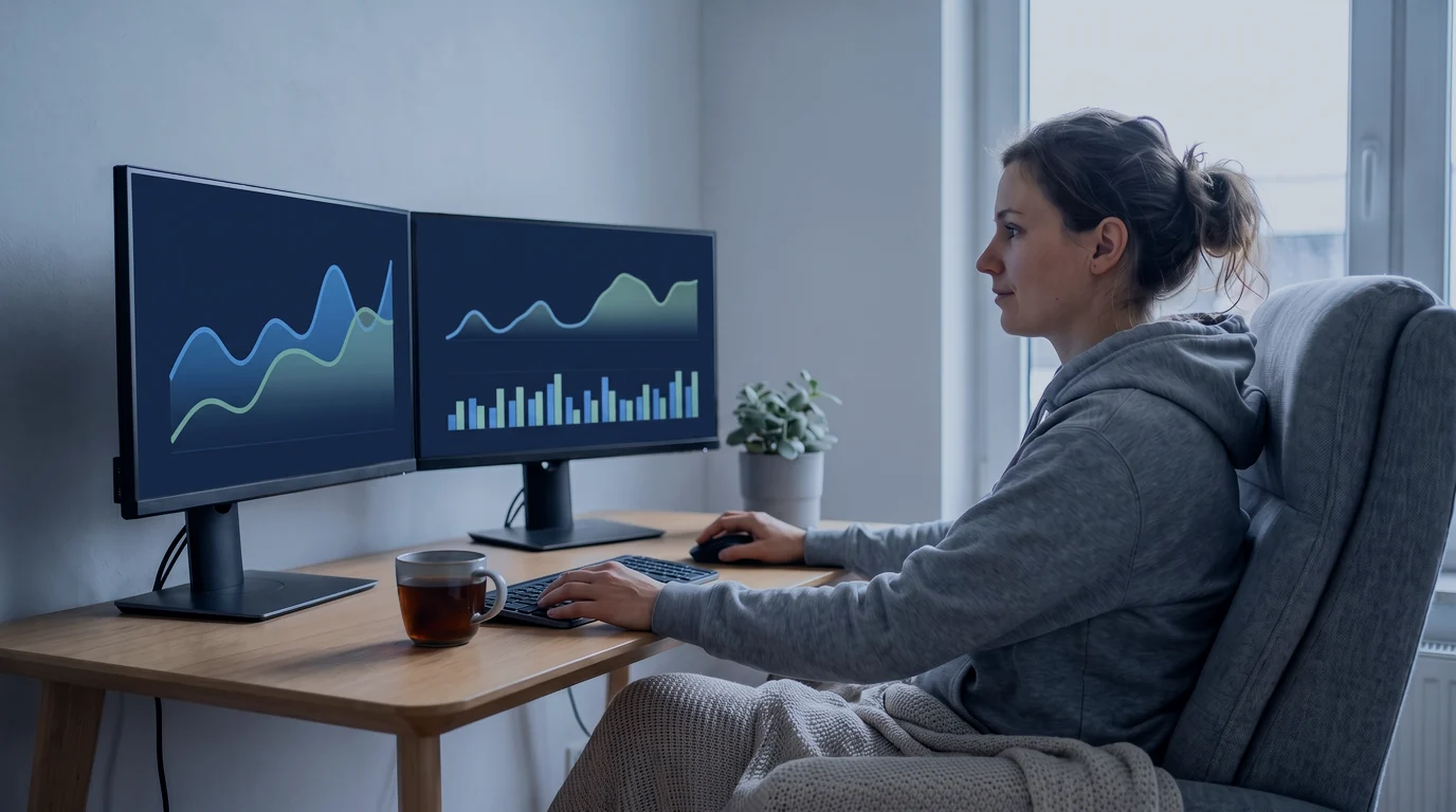 A young woman in a hoodie, a blanket on her lap, reviews her investment charts on two monitors at home