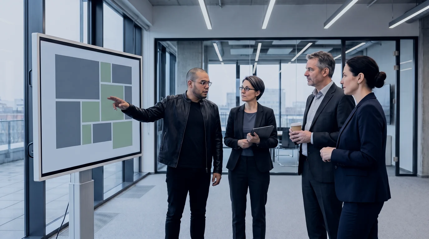 Omar Trejo points to one block on a standing screen as Reid, the host, and two executives listen outside a row of glass meeting rooms