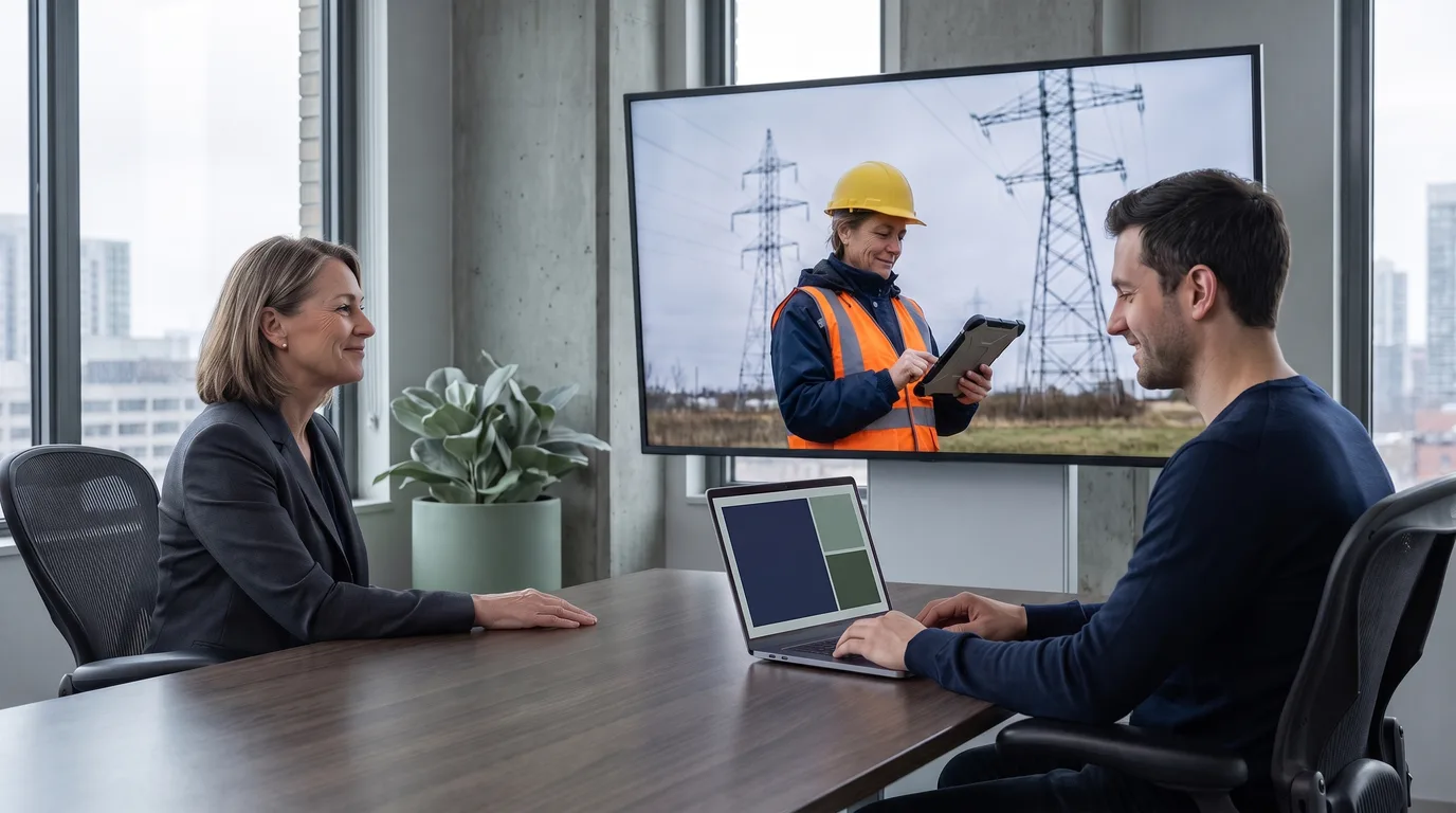 An executive and a software engineer on a video call with a field technician holding a tablet at a substation