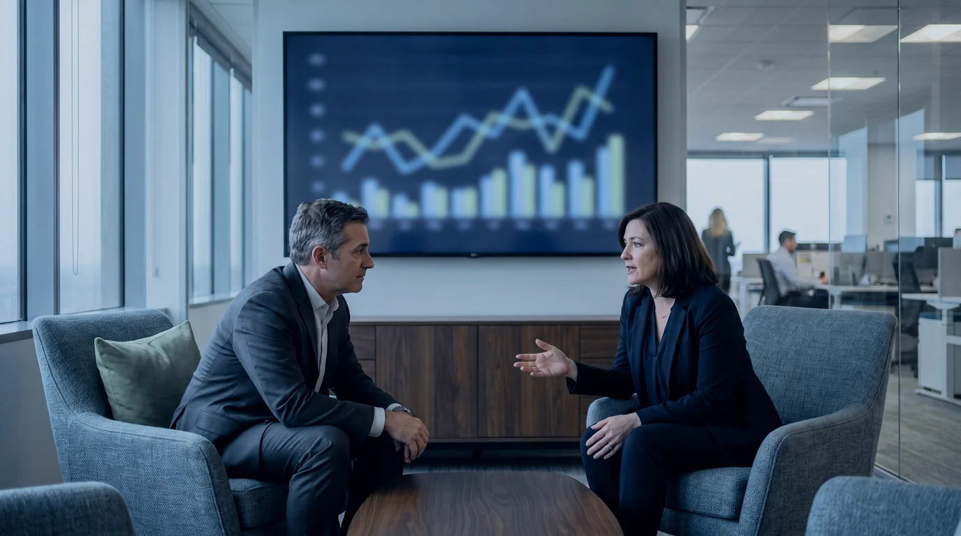 A chief financial officer explains the month's results to the chief operating officer in an office seating area, the trend on a wall screen behind them