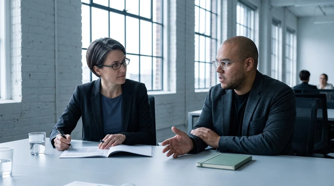 Omar Trejo explains a point across a meeting table while Reid, the host, takes notes in a brick-walled office