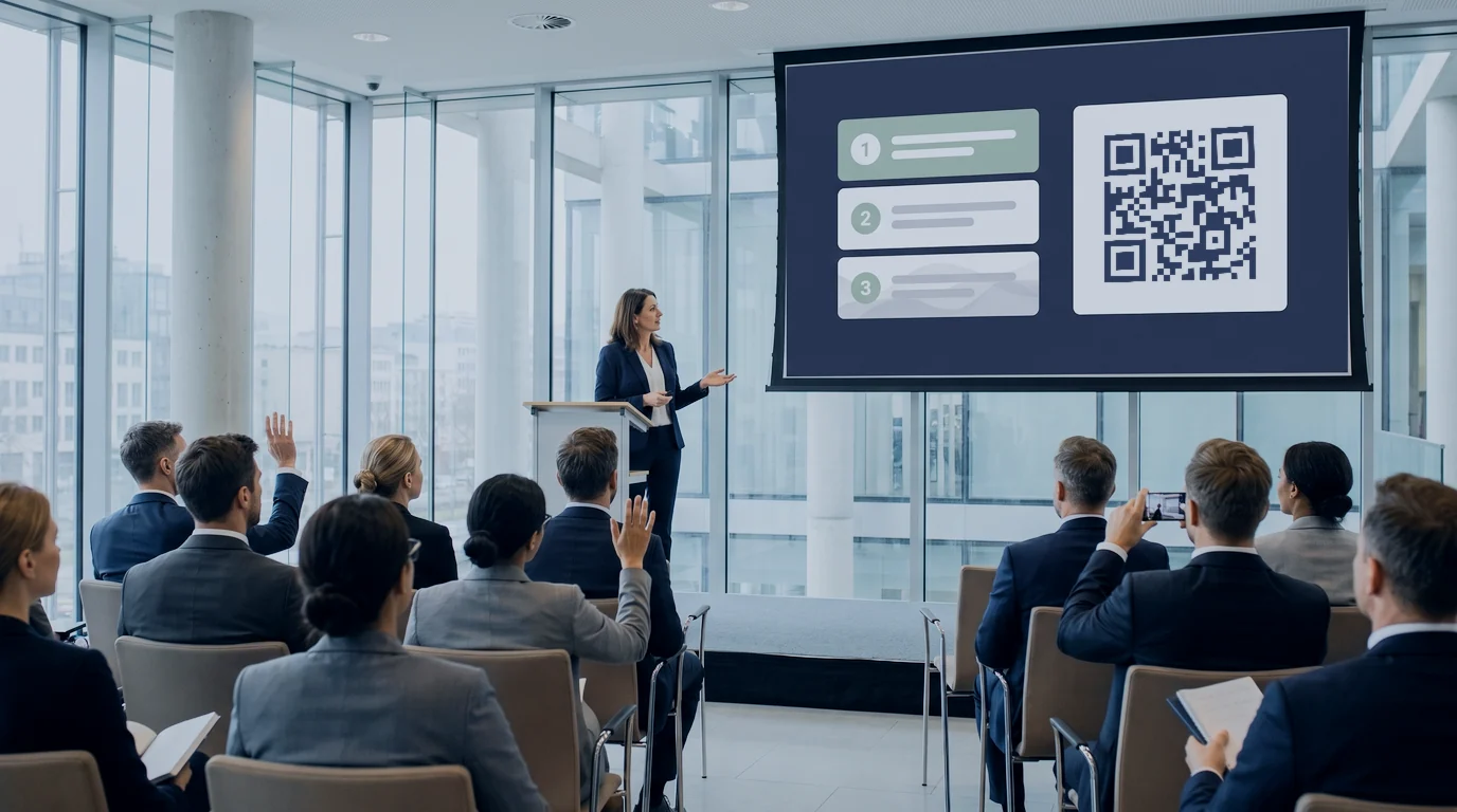 In a glass-walled event room, a speaker answers raised hands beside a screen ranking three questions and a QR code for new ones