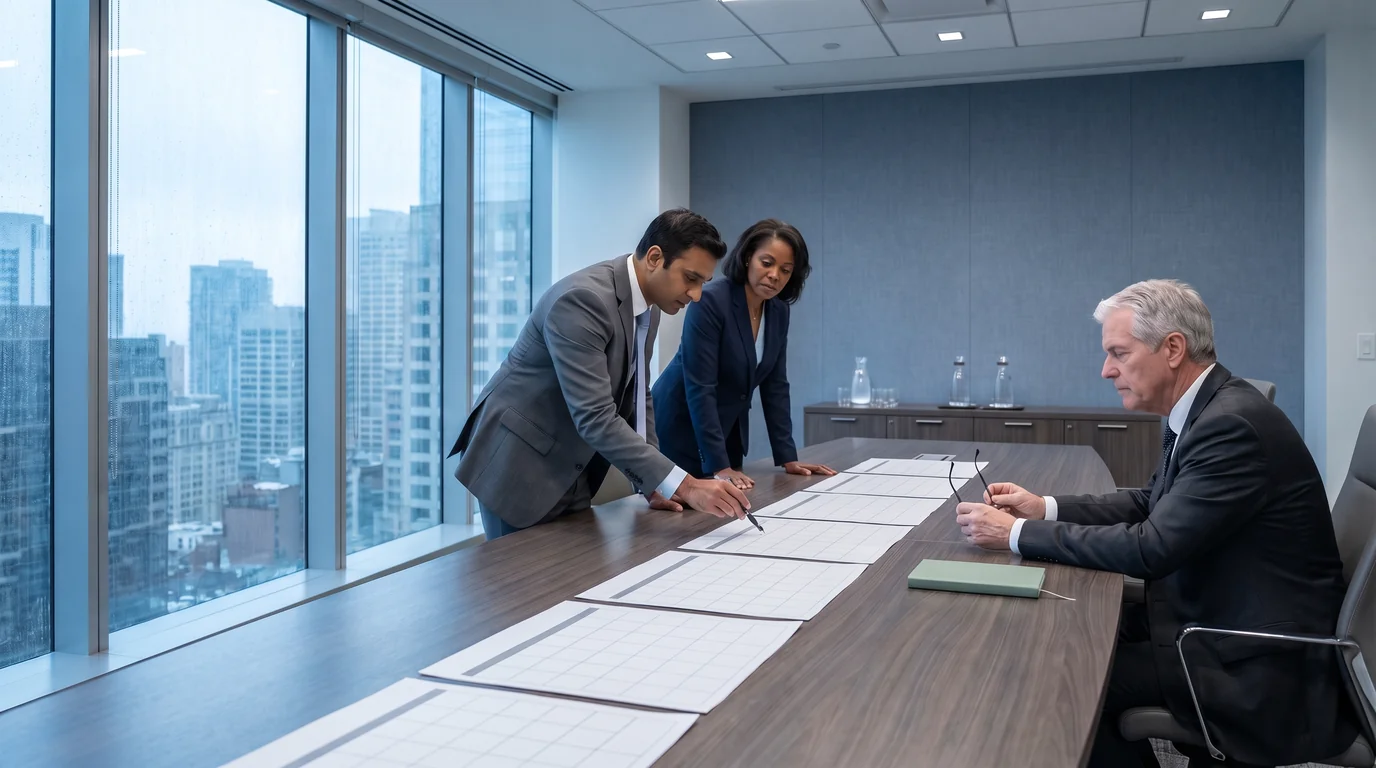 A controller marks a row of calendar pages while the CFO and the audit committee chair review the restatement timeline in a high-floor boardroom
