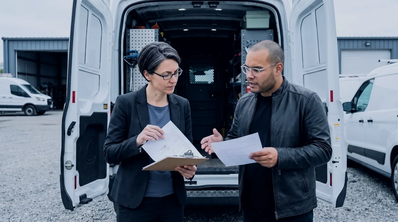 Reid checks a job packet's customer sign-off while Omar Trejo shows the missing purchase order beside an open service van