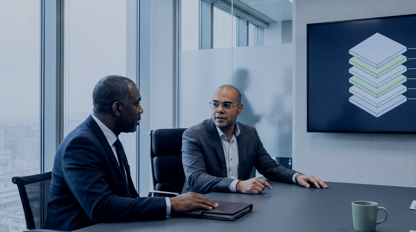Robert, the host, and Omar Trejo talk at a meeting table beside a screen showing a layer stack