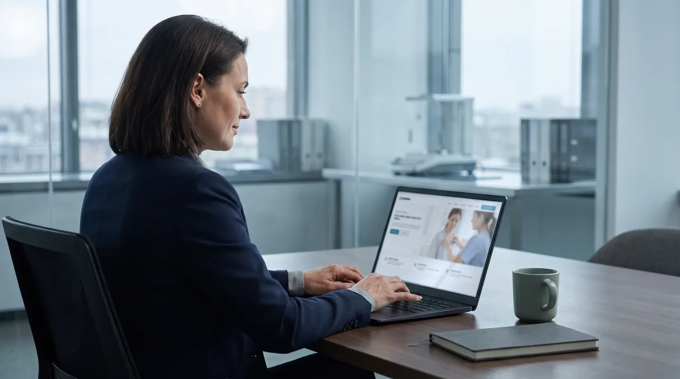 A regulatory affairs executive at a medical technology company types a note while reviewing her company's website on a laptop