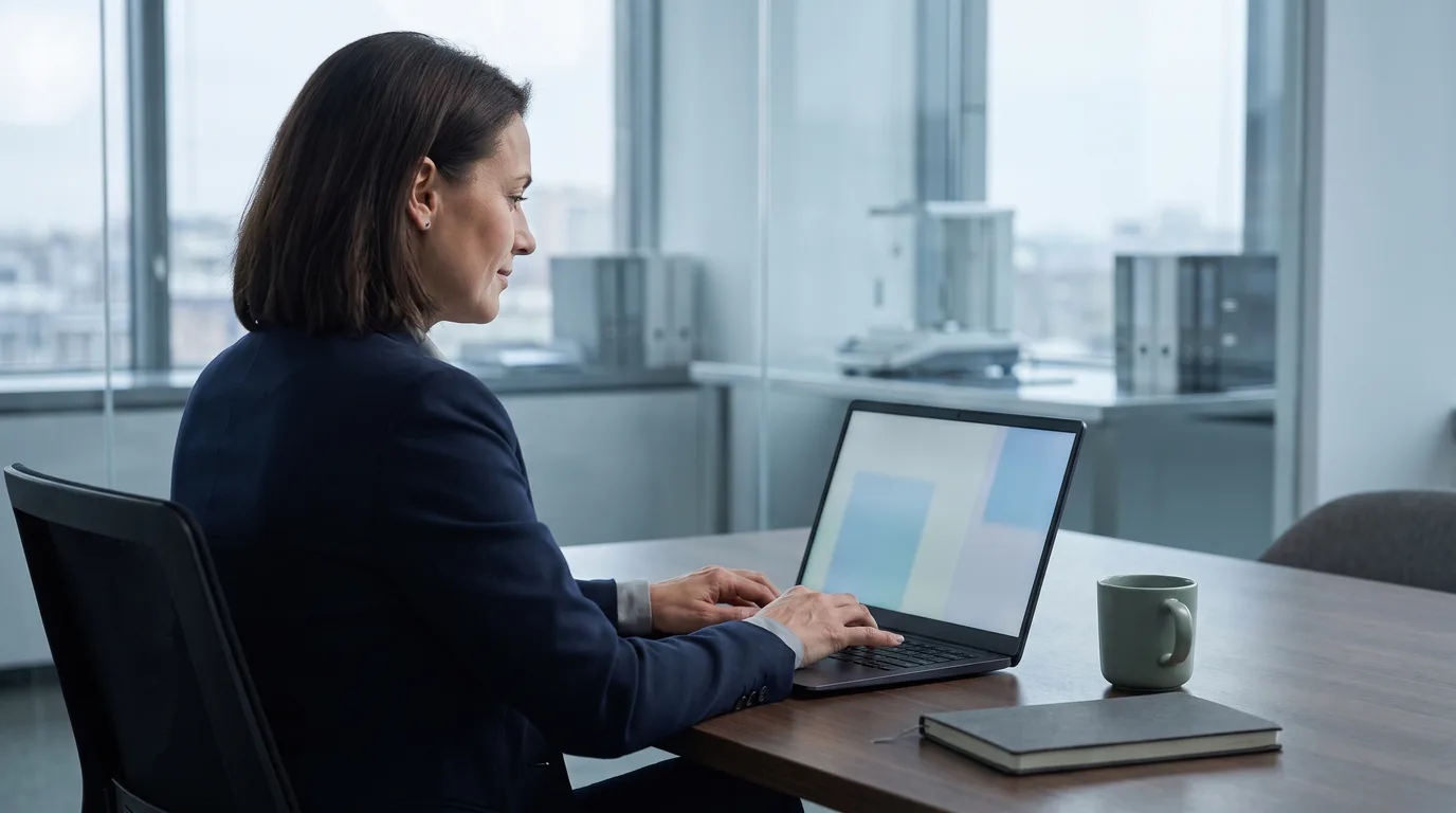 A regulatory affairs executive at a medical technology company types a note while reviewing her company's website on a laptop