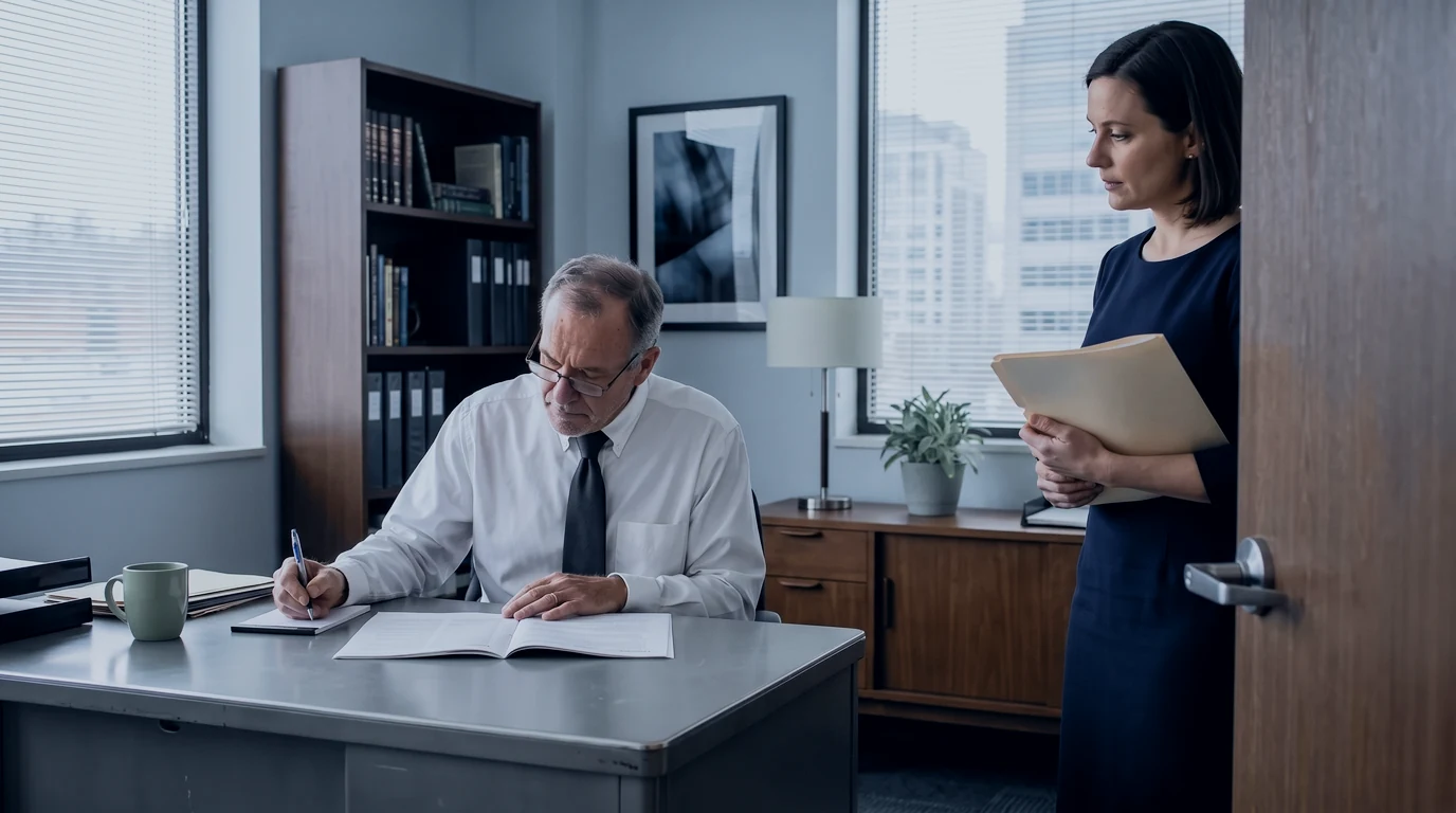 Executive ticks a three-item checklist beside a vendor proposal as a colleague waits