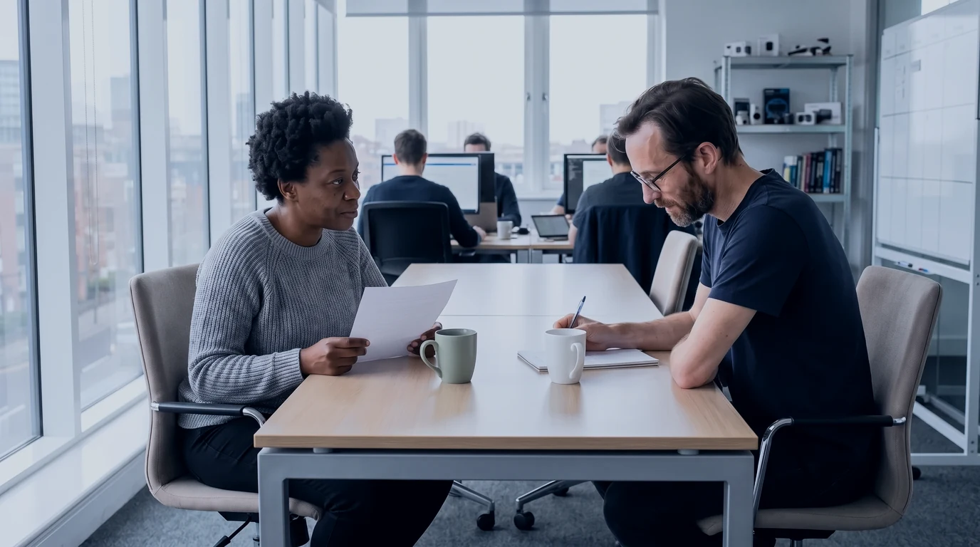 Product lead shows a one-page target to an engineer at a small kitchen table