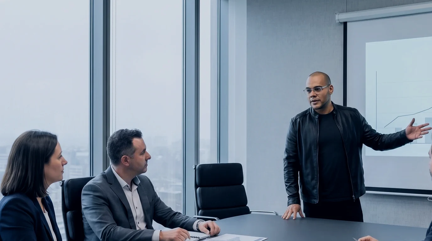 Omar Trejo presents a projected return chart to a finance director and an operations director in a boardroom