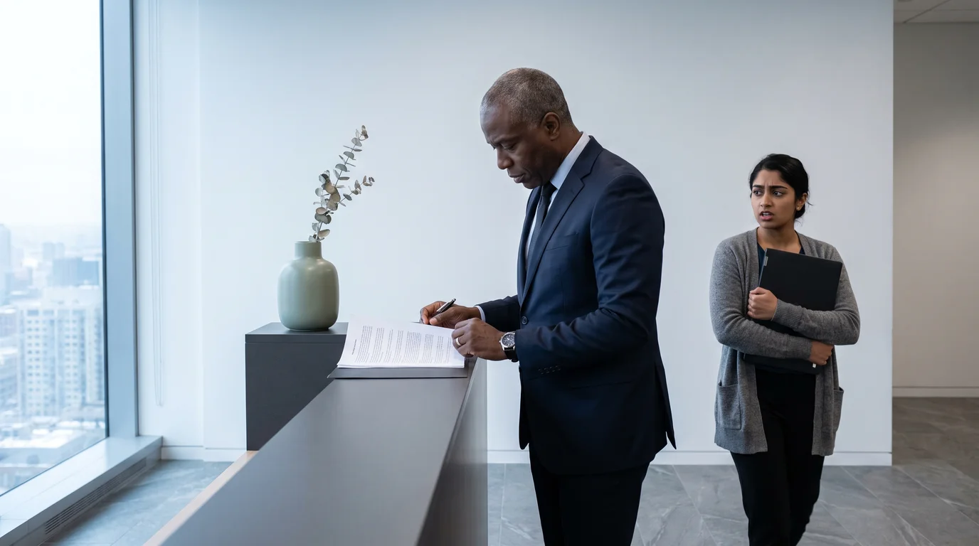 Executive signs a project proposal at a lobby counter while an engineer hesitates