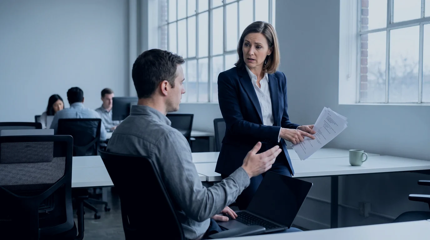 An engineering director holds a printed code change and asks a senior engineer to explain it at his desk