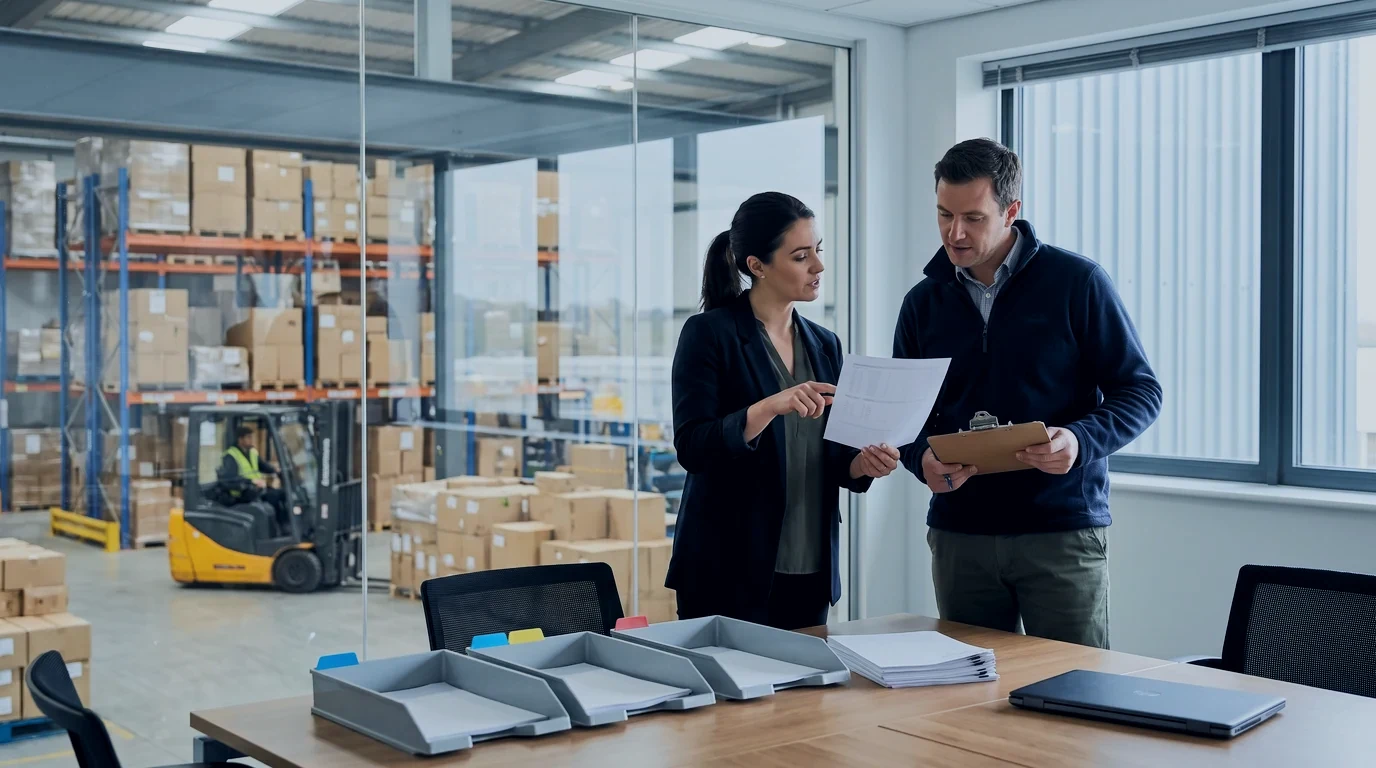 A finance controller and a warehouse operations manager check a printed exception against a clipboard beside sorting trays, the warehouse floor behind glass