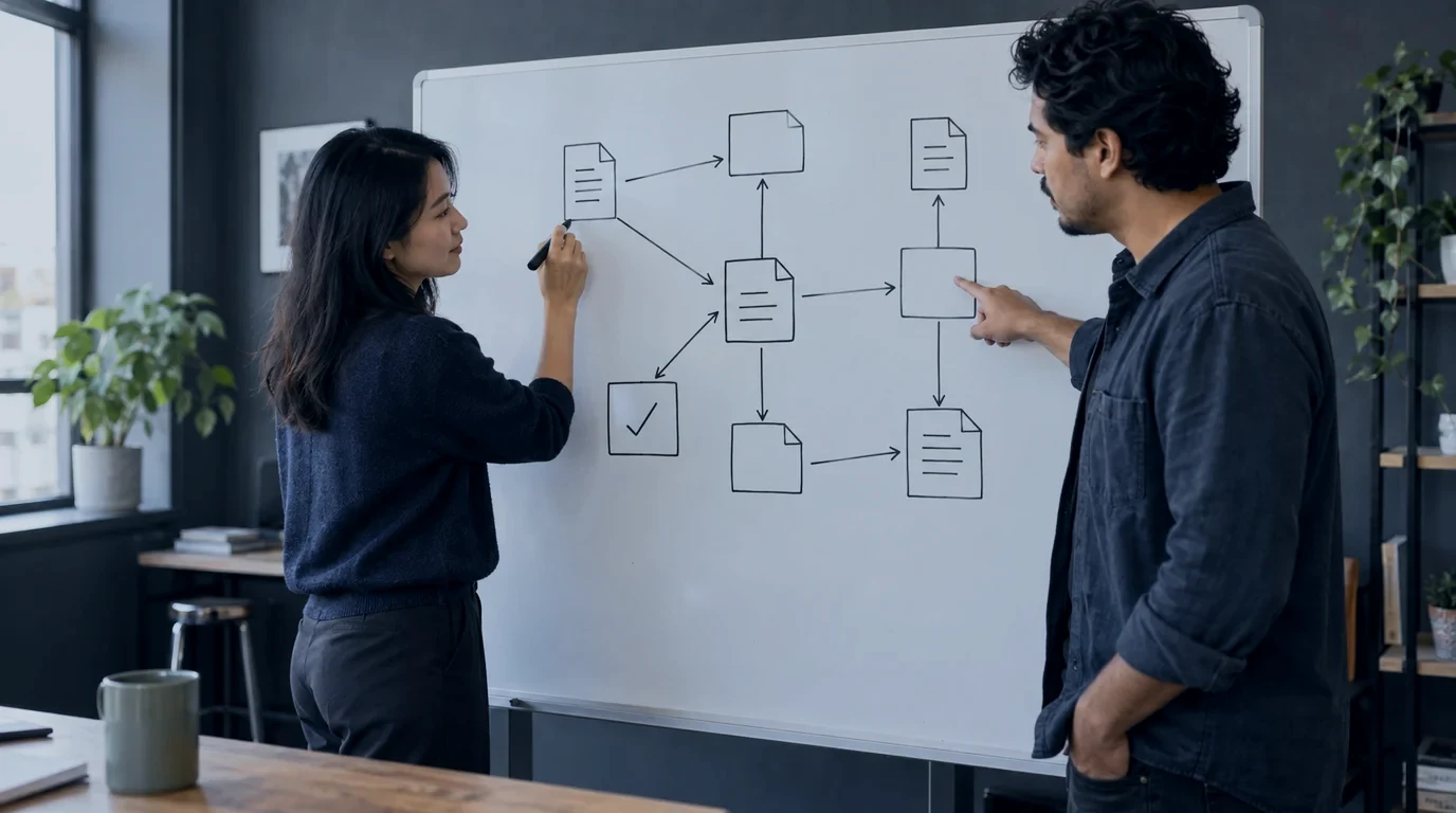 Two software designers connecting a document and task model on a whiteboard in a small project studio