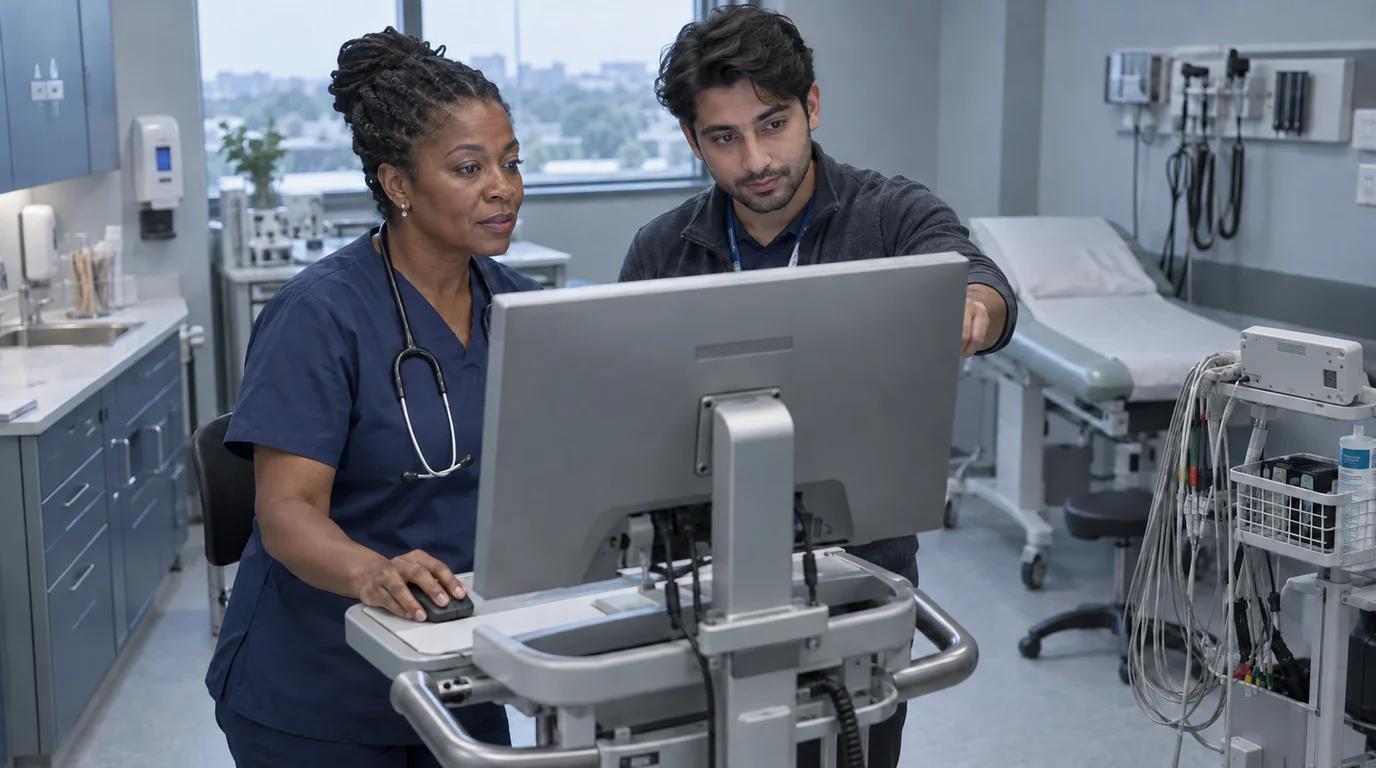A cardiologist and clinical systems specialist review work at a mobile workstation in an examination room