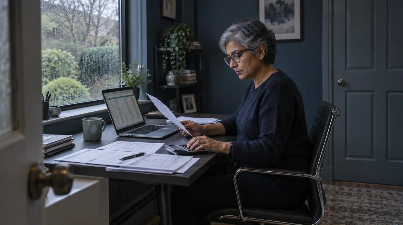 A finance director compares invoices, a spreadsheet and a calculator in her home office