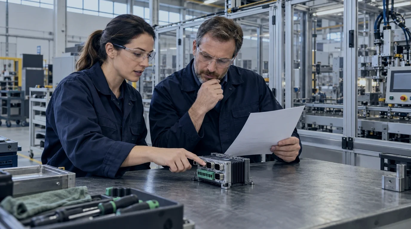 A plant engineer and operations manager evaluating a control module beside an industrial production line