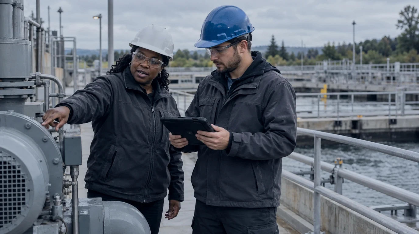 Two maintenance specialists comparing a tablet record with equipment details during a handoff at an industrial utility site