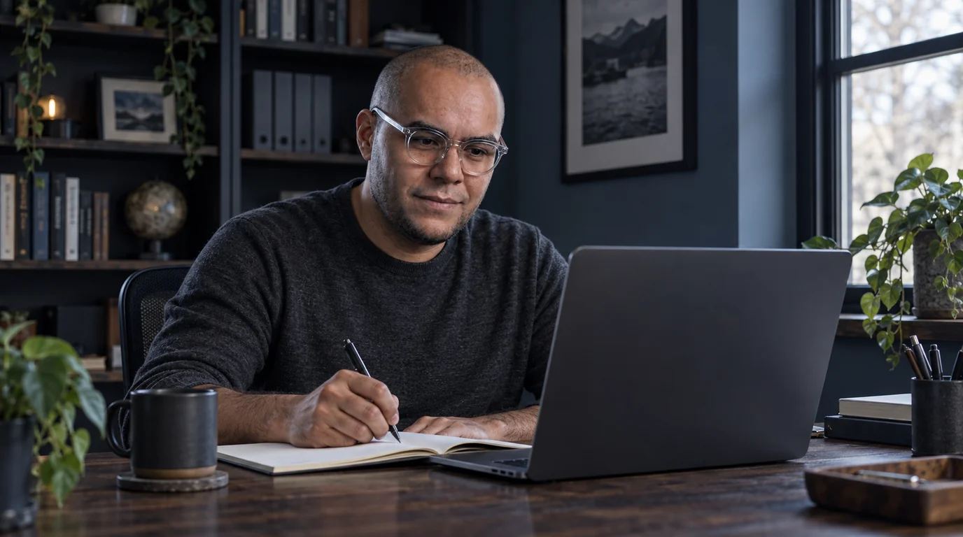 Omar Trejo writes notes beside his laptop at a desk in a home office